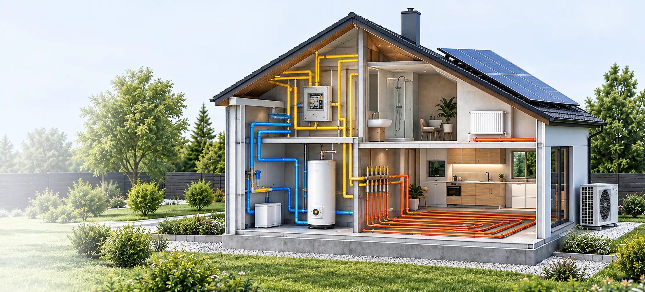 Przekrój domu z instalacją wodną, elektryczną, grzewczą i fotowoltaiką
